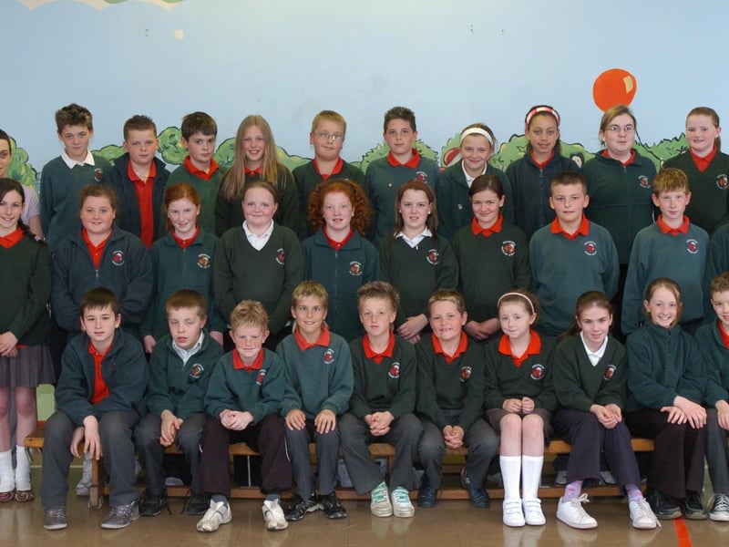 P7 pupils from Greenhaw Primary School with, from left, Vindi Torney, principal, Lisa McGrath, classroom assistant, and Robert McLaughlin, class teacher.
