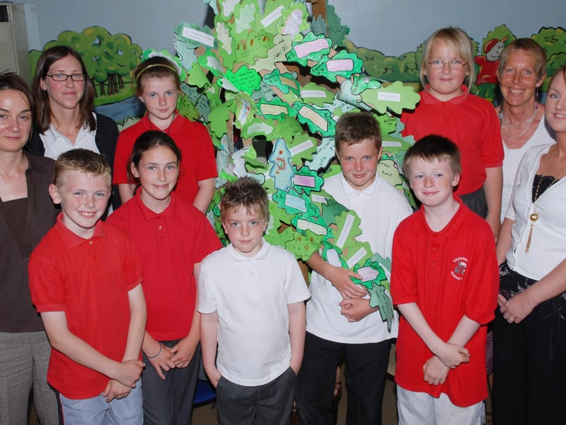 Susan Glass, second from left, bio-diversity officer, Derry City Council, pictured with members of the Greenhaw Primary School Eco Team, beside the tree which they have created using eco pledges for 2007-2008 from all the pupils at the school, the tree was put on display during the Breathing Places Festival in the Guildhall Square on Saturday. Included are, from left, Roberta Wilson, Daisy Mules, teachers, and Arlene Bowe, classroom assistant. LS24-142KM