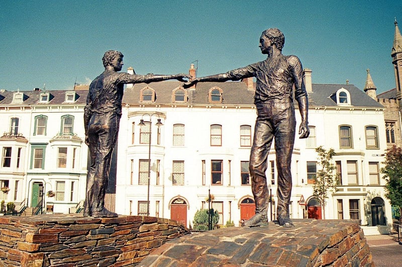 The statues at the end of Craigavon Bridge pictured in 1996.