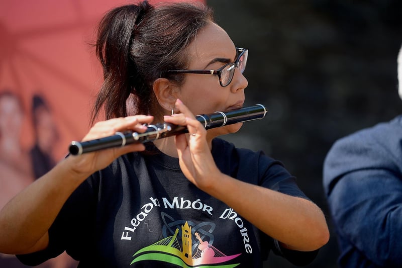Traditional musician Siobhan Molloy playing the flute in Guildhall Square yesterday afternoon. Photo: George Sweeney. DER2134GS  024
