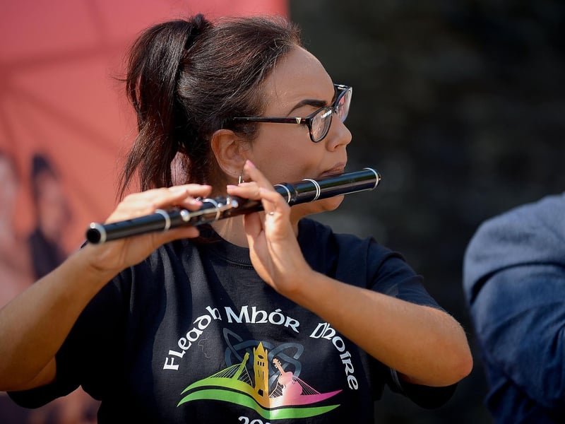 Traditional musician Siobhan Molloy playing the flute in Guildhall Square yesterday afternoon. Photo: George Sweeney. DER2134GS  024