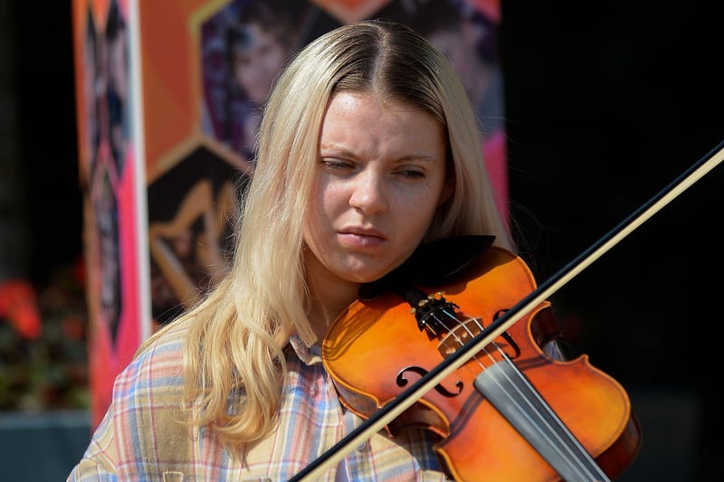 Traditional musician Caoishe McLaughlin performs at the Fleadh Mhór Dhoíre taster in Guildhall Square yesterday afternoon. Photo: George Sweeney. DER2134GS  025