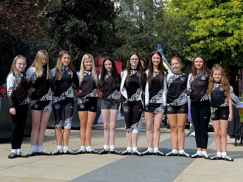Dancers from the Harkin-McGinley Academy pictured at the Fleadh Mhór Dhoíre taster in Guildhall Square yesterday afternoon. Photo: George Sweeney. DER2134GS 021