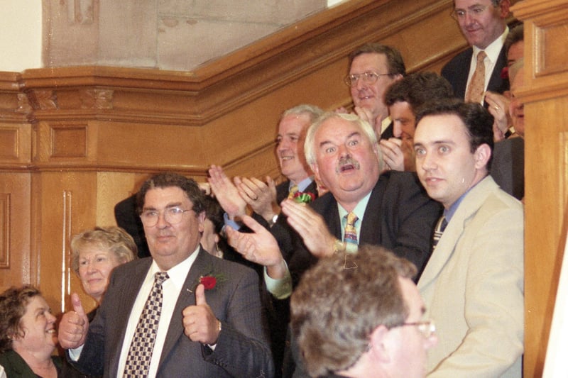 Hume celebrates election victory in Guildhall.