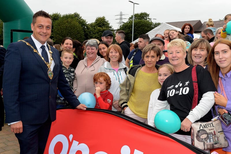 Friends and relatives of sporting hero Danny Quigley pictured with the Mayor of Derry and Strabane Alderman Graham Warke.  Photo: George Sweeney / Derry Journal.  DER2135GS – 035