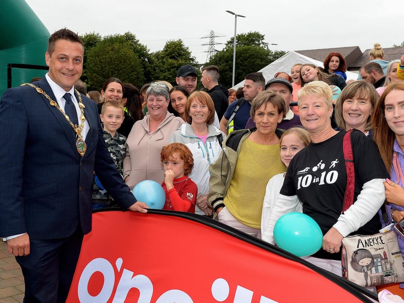 Friends and relatives of sporting hero Danny Quigley pictured with the Mayor of Derry and Strabane Alderman Graham Warke.  Photo: George Sweeney / Derry Journal.  DER2135GS – 035