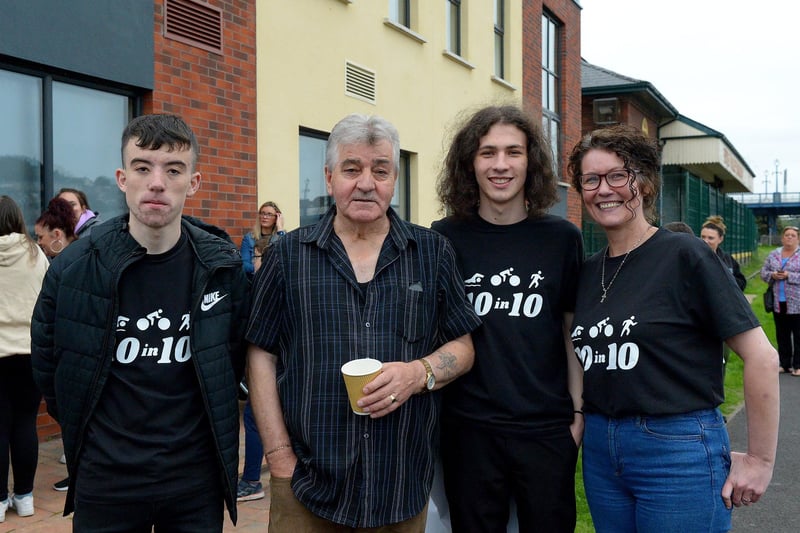 Pictured are sporting hero Danny Quigley’s nephew Shea Coyle, grandad Willie Coyle, brother Colum and mum Denise.  Photo: George Sweeney / Derry Journal.  DER2135GS – 031
