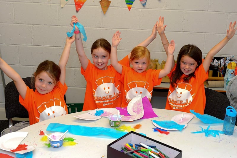 Sofia, Cora, Erin and Alice prepare props at the recent GSCA’s Aladdin themed summer scheme in Studio 2’s Youth & Community Arts Centre in Skeoge.  Picture: George Sweeney. DER2132GS - 078