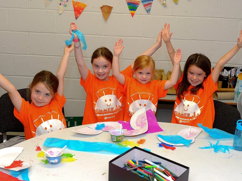 Sofia, Cora, Erin and Alice prepare props at the recent GSCA’s Aladdin themed summer scheme in Studio 2’s Youth & Community Arts Centre in Skeoge.  Picture: George Sweeney. DER2132GS - 078