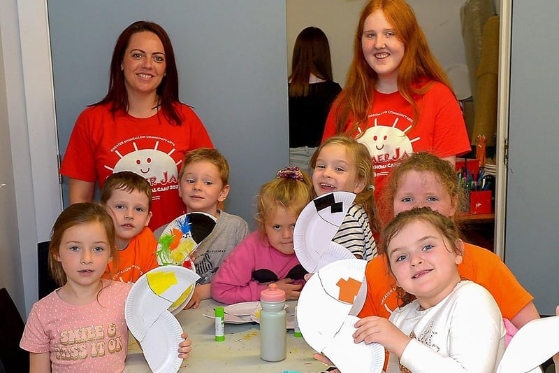 Emma Daly, facilitator and volunteer Eva pictured with kids at the recent GSCA’s Aladdin themed summer scheme in Studio 2’s Youth & Community Arts Centre in Skeoge.  Picture: George Sweeney. DER2132GS - 080