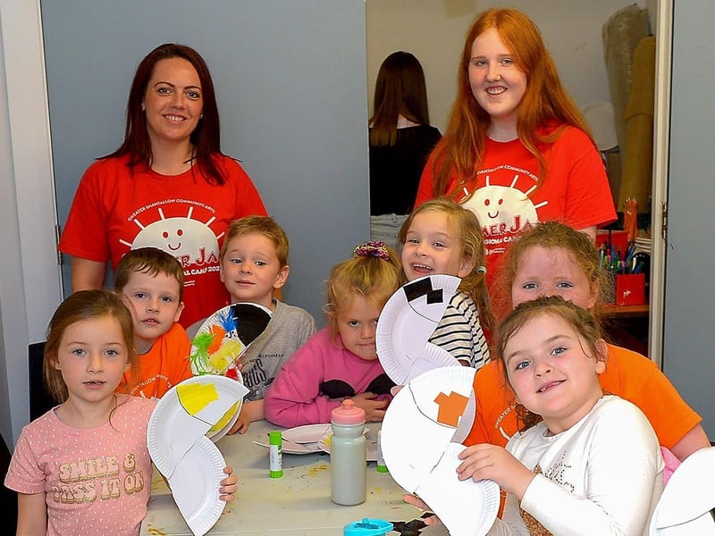 Emma Daly, facilitator and volunteer Eva pictured with kids at the recent GSCA’s Aladdin themed summer scheme in Studio 2’s Youth & Community Arts Centre in Skeoge.  Picture: George Sweeney. DER2132GS - 080
