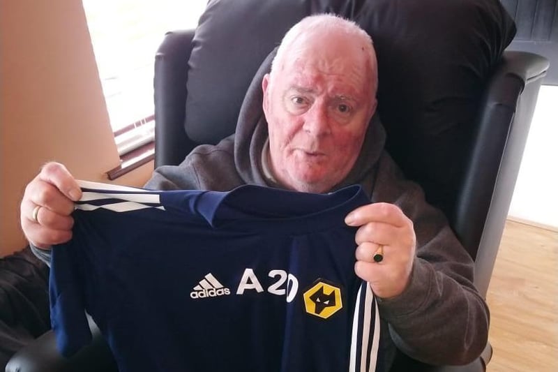 Anthony Martin's father Manus pictured with Lee Harkin's Wolves jersey worn in the EFL Cup which he kindly donated on Saturday.