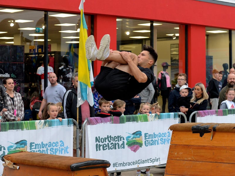 George McGowan, from Jump NI, performing stunts during the Carnival of Colours festival, last weekend. Photo: George Sweeney / Derry Journal. DER2136GS – 039