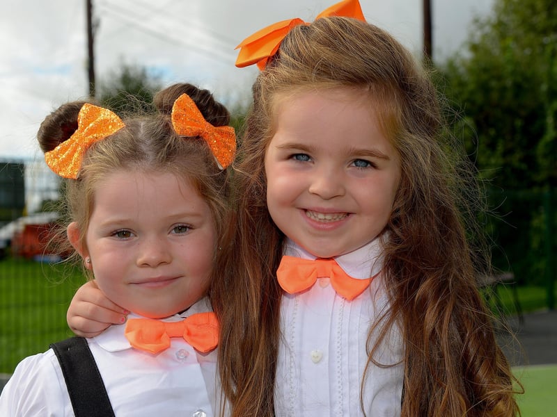 Friends Róise Coyle and Ría McMenamin, both age 4, where at the newly opened Killea Community Park on Saturday afternoon last. Photo: George Sweeney. DER2136GS – 137