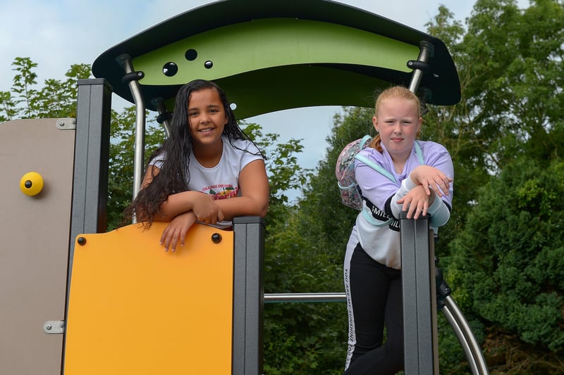 Lailah and Emily enjoy the fun at the newly opened Killea Community Park on Saturday afternoon last.  Photo: George Sweeney.  DER2136GS – 130