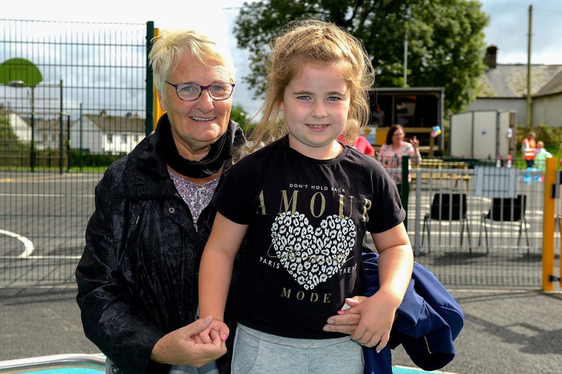 Ava Callaghan, aged 7, with her grandmother Nan Hegarty at the official opening of the Killea Community Park on Saturday afternoon last.  Photo: George Sweeney.  DER2136GS – 129