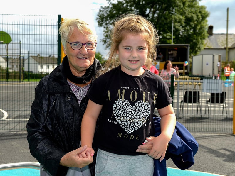 Ava Callaghan, aged 7, with her grandmother Nan Hegarty at the official opening of the Killea Community Park on Saturday afternoon last. Photo: George Sweeney. DER2136GS – 129