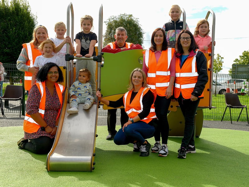 Committee members and children pictured at the opening of the Killea Community Park on Saturday afternoon last. Photo: George Sweeney. DER2136GS – 125