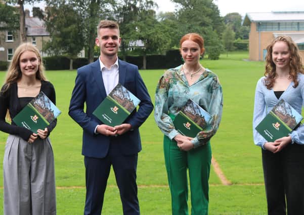 Friends’ subject prize winners at A Level. Alice Carruthers (Spanish), Alexander Kyle (Chemistry, Physics), Emily McMurtry (Art & Design) and Megan Brown (Economics)