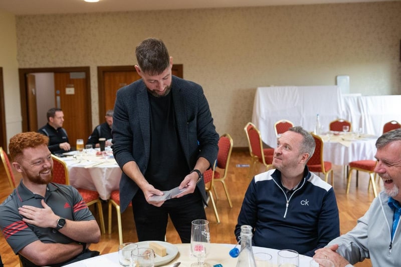 Magician Rod Hogg working his magic with Hutchinson Engineering customers during the Golf Day at Portstewart