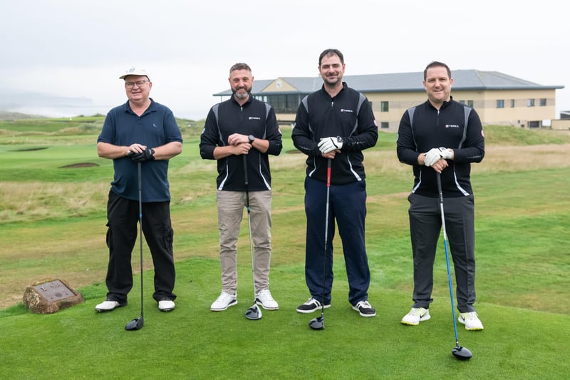 Shaun Stewart, William Nicholl, Steven Ellison and Steven Beattie from Terex Ballymoney enjoying the Hutchinson Engineering Golf Day at Portstewart