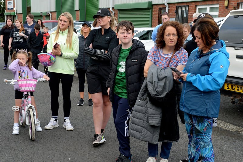 People gather at ARC Fitness in Bay Road prior to the first Derry Recovery Walk on Saturday morning last. Photo: George Sweeney.  DER2138GS – 025
