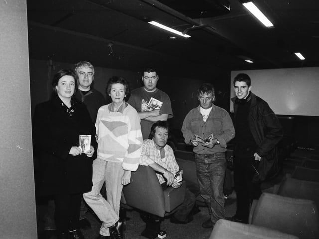 From left, Aideen Doherty, IRDL, Michael Heaney IRDL manager, Leila Doolan, chairperson, Irish Film Board (Bord Scannán na hÉireann), Peter Johnston, Media Zoo, Dominque Griet and Joel Delanoue, projectionists, and Enda Hughes, BBC2 television when the CineMOBILE, a 100 seater lorry-mounted cinema, visited Carndonagh.