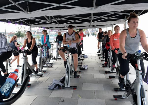 Some of the participants in the Danny Quigley Charity Spinathon held at Ebrington Square on Saturday afternoon last. Photo: George Sweeney. DER2138GS – 061