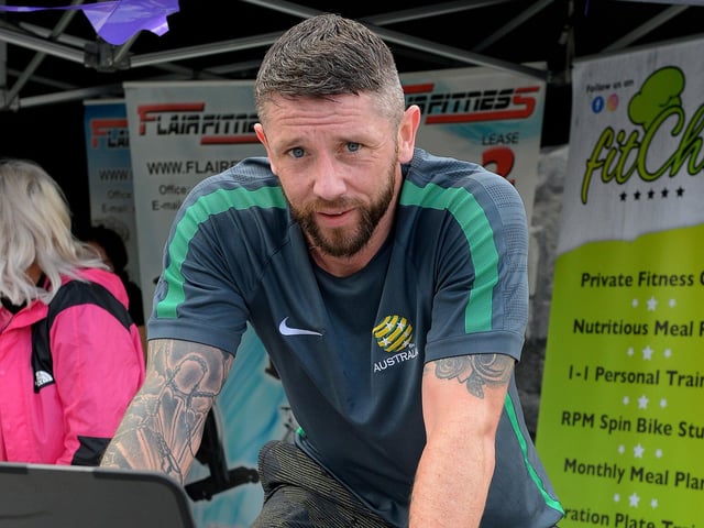 Footballer Rory Patterson participated in the Danny Quigley Charity Spinathon held at Ebrington Square on Saturday afternoon last. Photo: George Sweeney. DER2138GS – 056