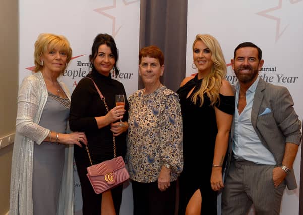 Jeanette Hamilton, Muiranna O’Doherty, Jean Rodgers, Terri Rodgers and Mickey Doherty attended Derry Journal People of the Year Awards held in the Everglades Hotel on Thursday evening last. Photo: George Sweeney. DER2139GS – 038