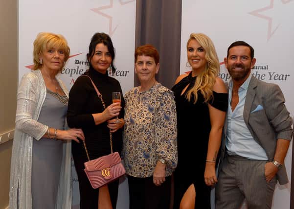 Jeanette Hamilton, Muiranna O’Doherty, Jean Rodgers, Terri Rodgers and Mickey Doherty attended Derry Journal People of the Year Awards held in the Everglades Hotel on Thursday evening last. Photo: George Sweeney.  DER2139GS – 038
