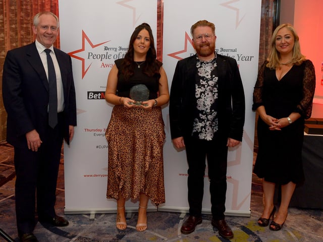 Carer of the Year winner Gemma Killen pictured with Paul McLean (on the left) from Principal Sponsor BetMcLean, Sean McCauley, Optometrist Director of sponsor Specsavers Derry and Louise Strain, Derry Journal.  Photo: George Sweeney.  DER2139GS – 046