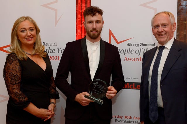 Charity Worker of the Year winner Danny Quigley pictured with Paul McLean from Principal Sponsor BetMcLean and Louise Strain, Derry Journal.  Photo: George Sweeney.  DER2139GS –  047