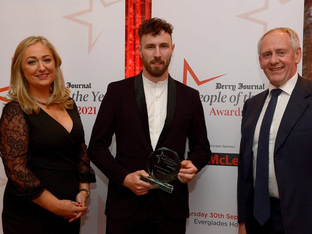 Charity Worker of the Year winner Danny Quigley pictured with Paul McLean from Principal Sponsor BetMcLean and Louise Strain, Derry Journal. Photo: George Sweeney. DER2139GS – 047