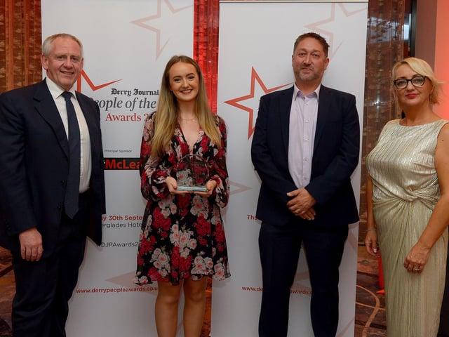 Inspirational Young Talent Award winner Ashton Murphy pictured with Paul McLean (on the left) from Principal Sponsor BetMcLean, Steve Frazer, Managing Director, of category sponsor City of Derry Airport, and Jacqui Diamond, Derry Journal. Photo: George Sweeney. DER2139GS – 050