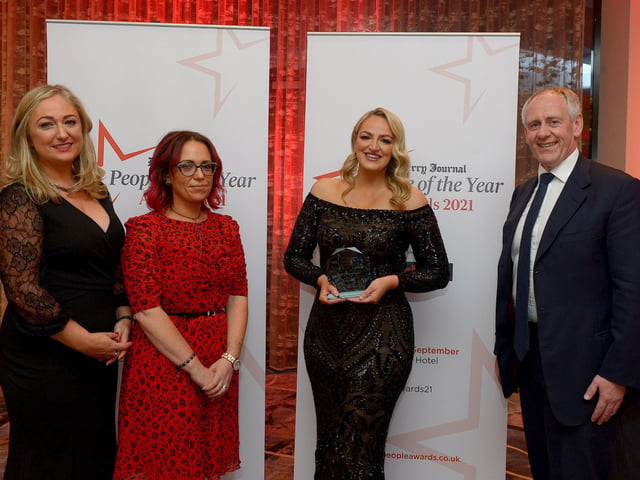 Business Person of the Year winner Jenny Devine of Devine Scents pictured with Paul McLean from Principal Sponsor BetMcLean, Louise Strain, Derry Journal and Karina McKinney from category sponsor Calor. Photo: George Sweeney. DER2139GS – 048