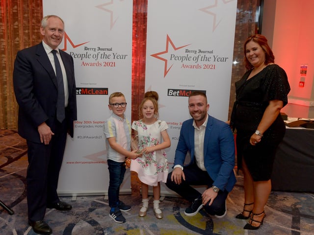 Outstanding Bravery Award winner Adam and Aoife Burke pictured with Paul McLean (on the left), from Principal Sponsor BetMcLean, Blane Tierney and Diane Burke, Commercial Director of Derry Journal, JPIMedia. Photo: George Sweeney. DER2139GS – 057