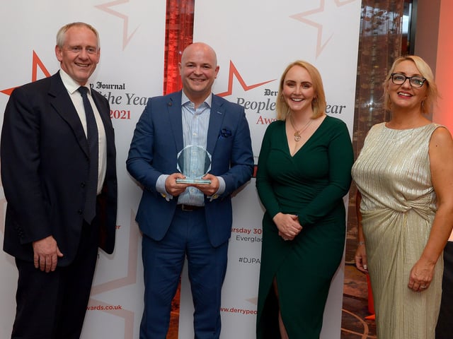Martin McCrossan Tourism & Hospitality Award winner Neil Devlin pictured with Paul McLean from Principal Sponsor BetMcLean, Charlene McCrossan from Martin McCrossan City Tours and Jacqui Diamond, Derry Journal. Photo: George Sweeney. DER2139GS – 051