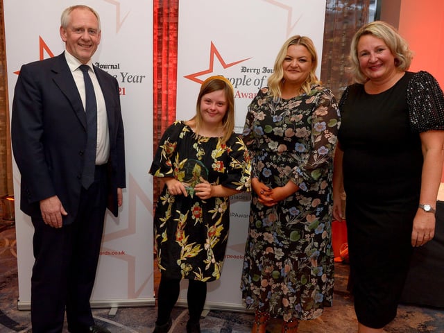 Volunteer of the Year, voted for by Derry Journal readers, Eve McIvor, pictured with Paul McLean from Principal Sponsor BetMcLean , Sarah Canavan, Marketing Manager from category sponsor Alchemy Technology Servies and Andrena O’Prey, Derry Journal.  Photo: George Sweeney.  DER2139GS – 052
