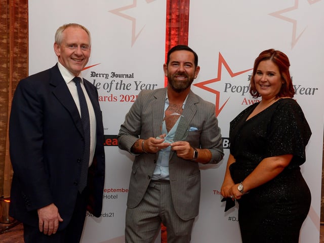 Derry Journal Community Hero Award winner Micky Doherty pictured with Paul McLean from Principal Sponsor BetMcLean and Diane Burke, Commercial Director of Derry Journal, JPIMedia. Photo: George Sweeney. DER2139GS – 058
