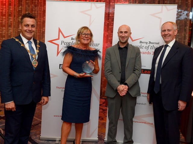 Lifetime Achievement Award winner Phil Coulter represented by his daughter Siobhan pictured with the Mayor of Derry and Strabane Alderman Graham Warke, Brendan McDaid, Editor of the Derry Journal and Paul McLean from Principal Sponsor BetMcLean . Photo: George Sweeney. DER2139GS – 062
