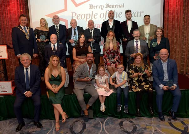 Derry Journal People of the Year Awards winners pictured with the May of Derry and Strabane Alderman Graham Warke, Adrian Logan, compere for the evening and Paul McLean from Principal Sponsor BetMcLean . Photo: George Sweeney. DER2139GS – 063