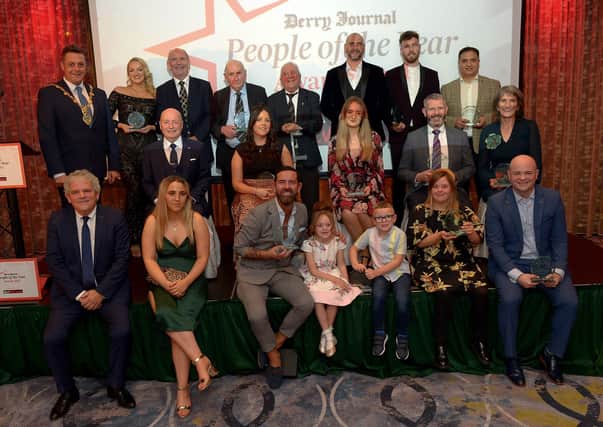 Derry Journal People of the Year Awards winners pictured with the May of Derry and Strabane Alderman Graham Warke, Adrian Logan, compere for the evening and Paul McLean from Principal Sponsor BetMcLean . Photo: George Sweeney.  DER2139GS – 063