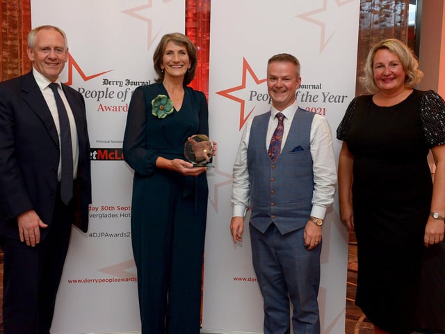 Inspirational Educator of the Year winner Marie Lindsay pictured with Paul McLean (on the left) from Principal Sponsor BetMcLean, Professor Malachy " Néill, Director of Regional Engagement with category sponsor Ulster University and Andrena O’Prey, Derry Journal.  Photo: George Sweeney.  DER2139GS – 052