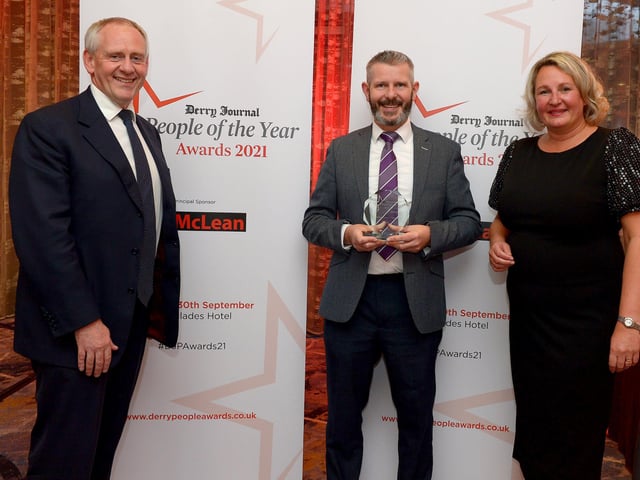 Contribution to Arts & Culture Award winner Allegri represented by Maurice Kelly pictured with Paul McLean from Principal Sponsor BetMcLean and Andrena O’Prey, Derry Journal. Photo: George Sweeney. DER2139GS – 054