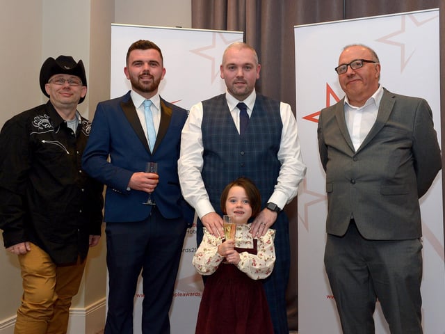 Keith Wright, Jack Doherty, Steve Marshall, Yazmin Marshall and Gerard Doherty pictured at Derry Journal People of the Year Awards held in the Everglades Hotel on Thursday evening last. Photo: George Sweeney. DER2139GS – 034