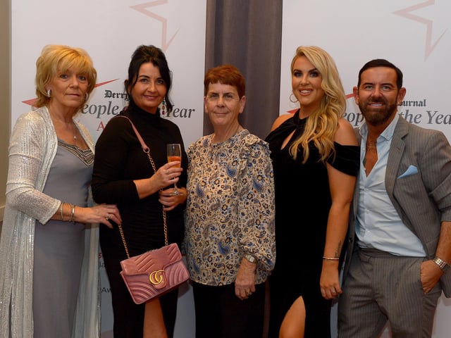 Jeanette Hamilton, Muiranna O’Doherty, Jean Rodgers, Terri Rodgers and Mickey Doherty attended Derry Journal People of the Year Awards held in the Everglades Hotel on Thursday evening last. Photo: George Sweeney. DER2139GS – 038
