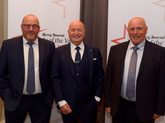 Harry Rutherford, Alwyn Warnock and Davy Jackson attended Derry Journal People of the Year Awards held in the Everglades Hotel on Thursday evening last. Photo: George Sweeney. DER2139GS – 035