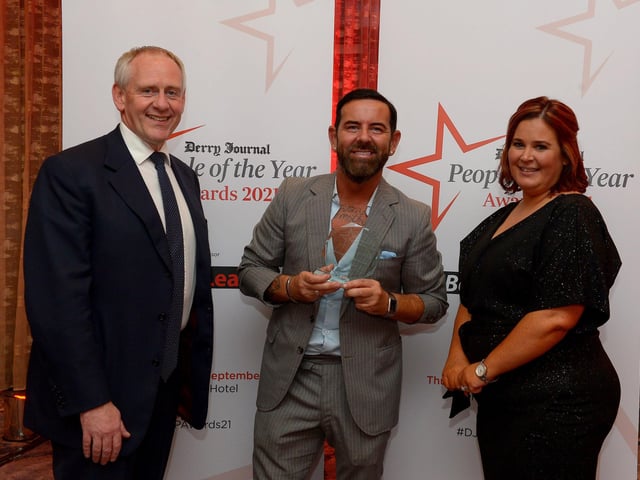 Derry Journal Community Hero Award winner Micky Doherty pictured with Paul McLean from Principal Sponsor BetMcLean and Diane Burke, Commercial Director of Derry Journal, JPIMedia. Photo: George Sweeney. DER2139GS – 058