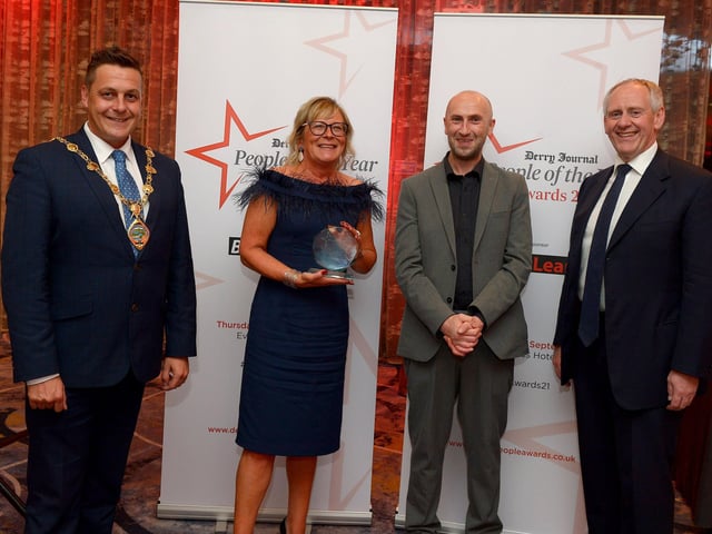 Lifetime Achievement Award winner Phil Coulter represented by his daughter Siobhan pictured with the Mayor of Derry and Strabane Alderman Graham Warke, Brendan McDaid, Editor of the Derry Journal and Paul McLean from Principal Sponsor BetMcLean . Photo: George Sweeney. DER2139GS – 062